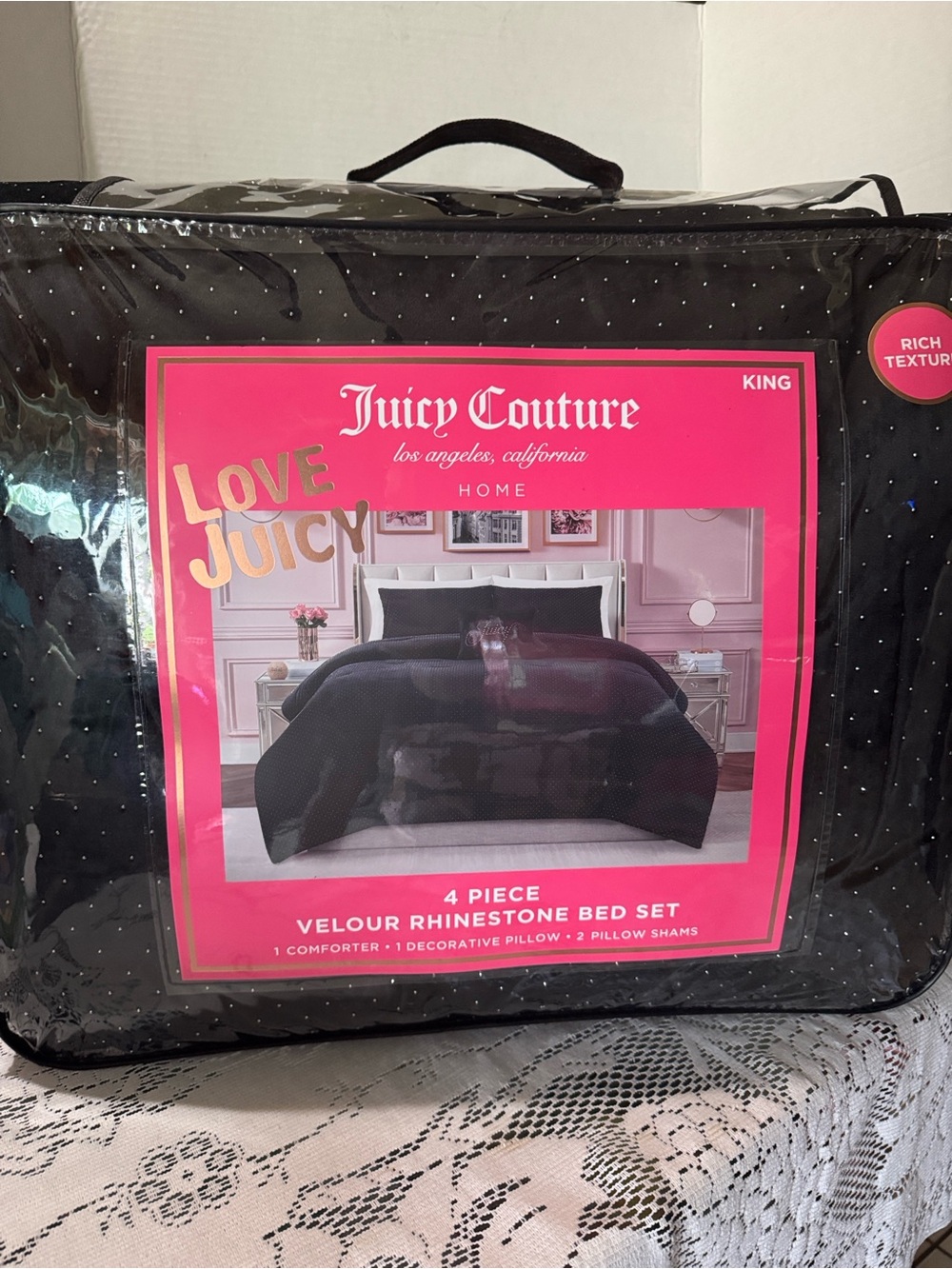 Juicy Couture King Black Velour Rhinestone 4 Piece Comforter Sham Pillow Set